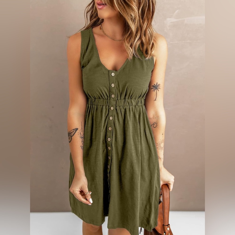 Acelitt Women Summer Casual Sleeveless Button Down Elastic Waist Swing Dress